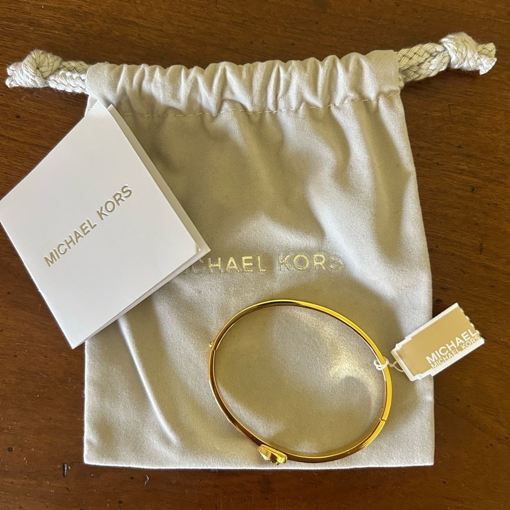 Michael Kors Logo Mother Of Pearl Gold Hinged Bangle With Box